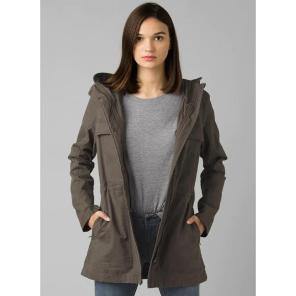 prAna Jacket Womens Small Hooded Green Cristos Parka Coat Organic Cotton Stretch - Picture 1 of 16